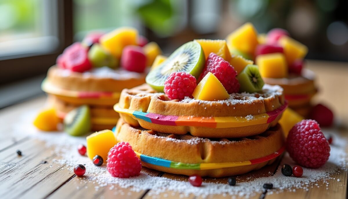 Délices colorés : Gaufres arc-en-ciel aux fruits exotiques, une explosion de saveurs gourmandes